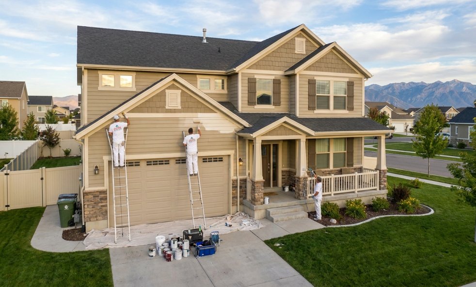 Painters repainting a suburban home exterior in Utah with ladders and paint supplies on the driveway