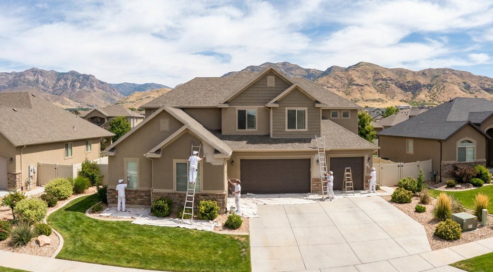 Painters repainting a suburban Utah house exterior with ladders and drop cloths