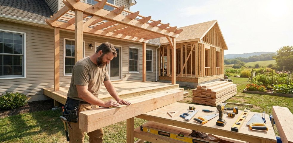 Carpenter building a backyard deck and home addition frame beside a house