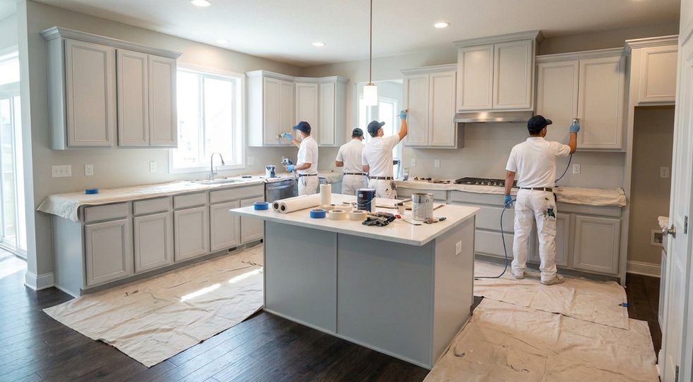Painters refinishing gray kitchen cabinets in a modern kitchen with covered floors and island