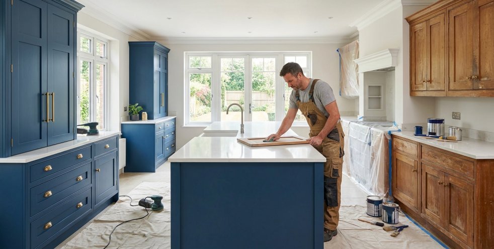 Cabinet painter refinishing kitchen cabinets with blue painted and stained wood cabinetry in a bright kitchen