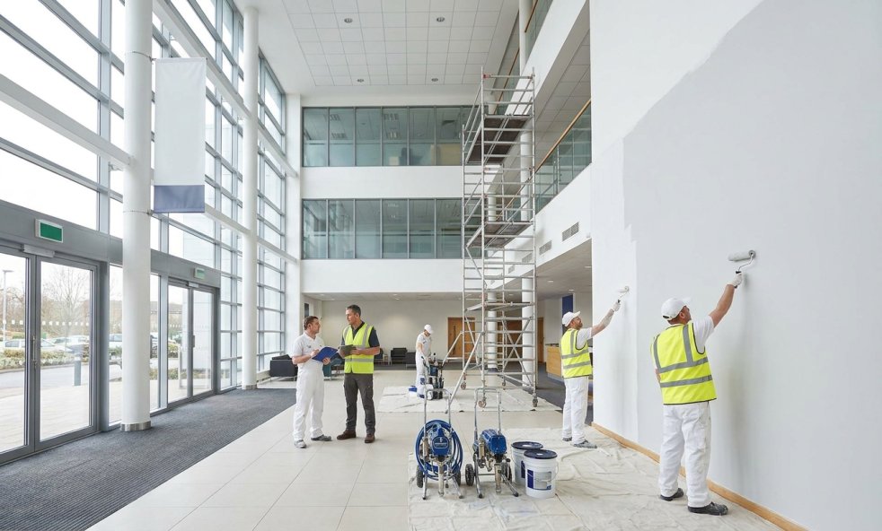 Commercial painters painting a large office lobby wall with scaffolding and paint supplies nearby