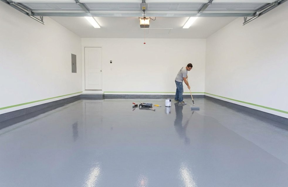 Man applying epoxy paint to a glossy garage floor in an empty garage