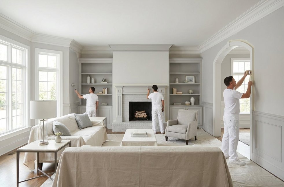 Painters painting a bright living room with fireplace, windows, and covered furniture